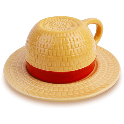 One Piece Luffy's Hat Coffee Mug Set – Creative Ceramic Anime Cup with Straw Hat Design and Saucer – Perfect for Tea, Coffee, Milk – Great Gift for Anime Lovers, Christmas, Birthdays, or Anniversaries