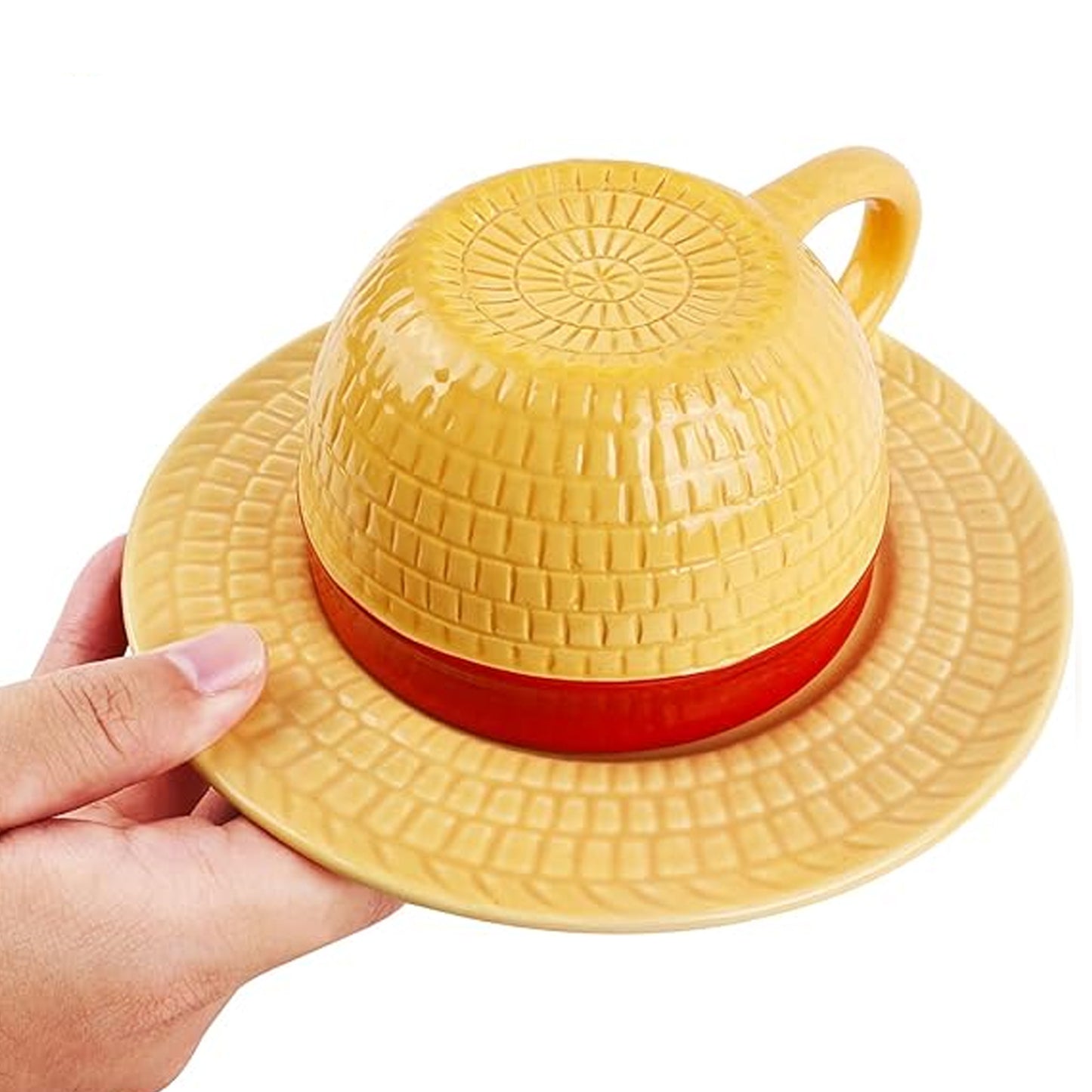 One Piece Luffy's Hat Coffee Mug Set – Creative Ceramic Anime Cup with Straw Hat Design and Saucer – Perfect for Tea, Coffee, Milk – Great Gift for Anime Lovers, Christmas, Birthdays, or Anniversaries